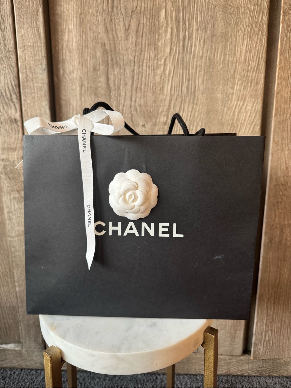 CHANEL Black paper shopping bag/ Gift Bag with White Camellia and Ribbon